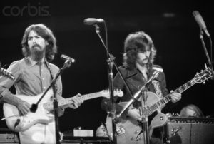 01 Aug 1971, George Harrison and Eric Clapton at the Concert for Bangladesh at Madison Square Garden. --- Image by © Bettmann/CORBIS